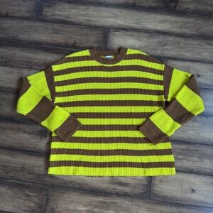 Hurley Women's Neon Yellow and Brown Striped Crewneck Sweater